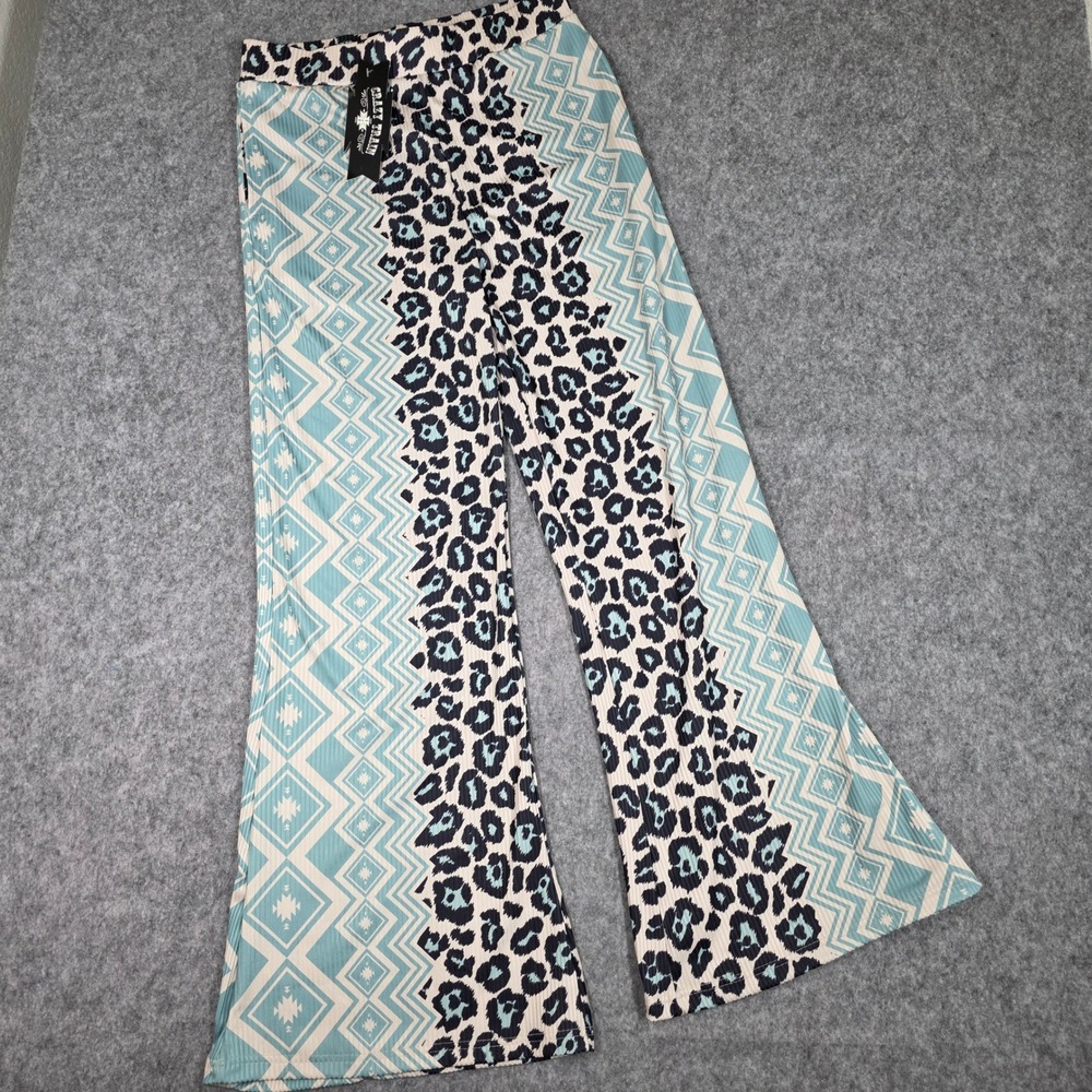Crazy Train Bell Bottom Pants Teal Leopard Cheetah Southwestern Flare Medium NEW